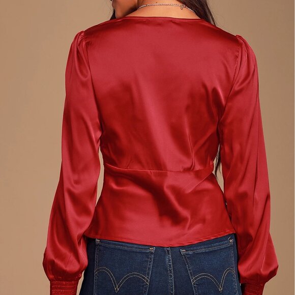Lulus Head Held High Red Satin Long Sleeve Blouse Top | Size Small NWT - Picture 12 of 16